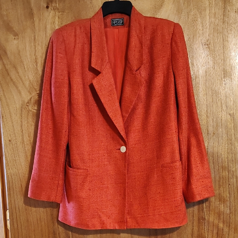 Vtg Apertif Womens Herringbone Blazer Coral 100% Handwoven Silk Made In USA Sm